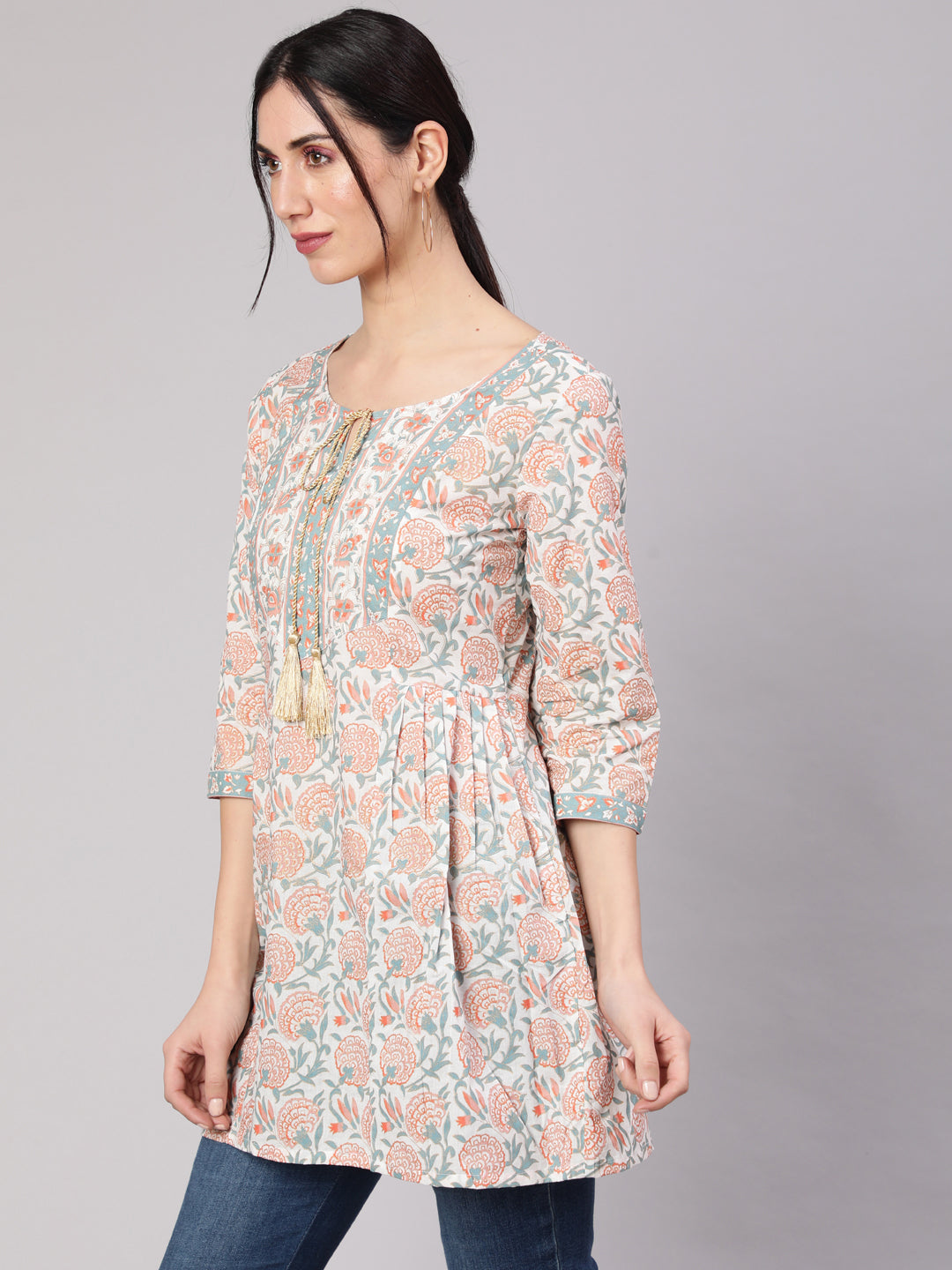 Women's White Floral Print Straight Tunic