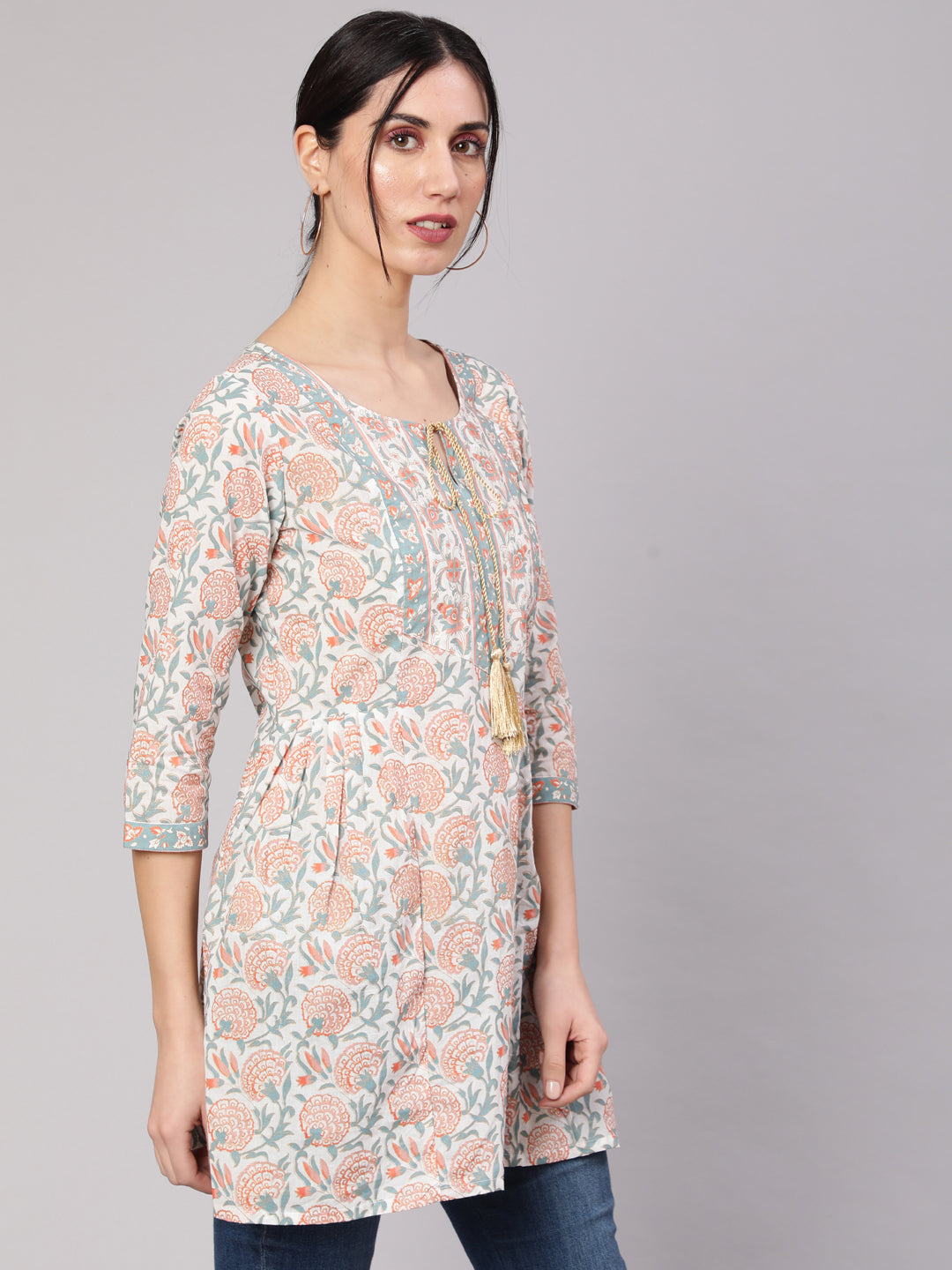 Women's White Floral Print Straight Tunic