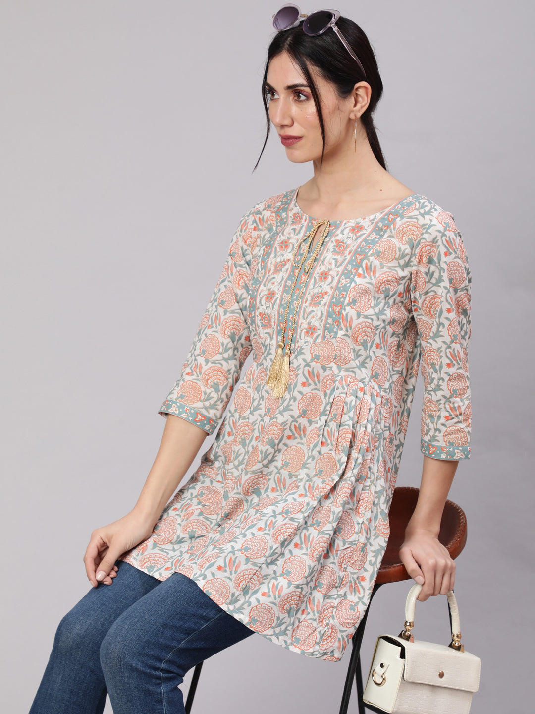 Women's White Floral Print Straight Tunic