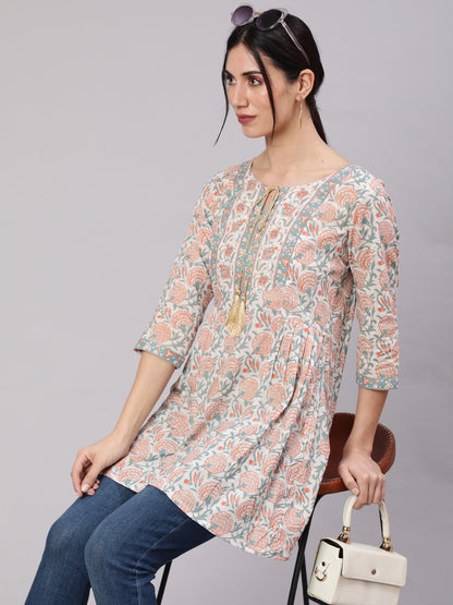 Women's White Floral Print Straight Tunic