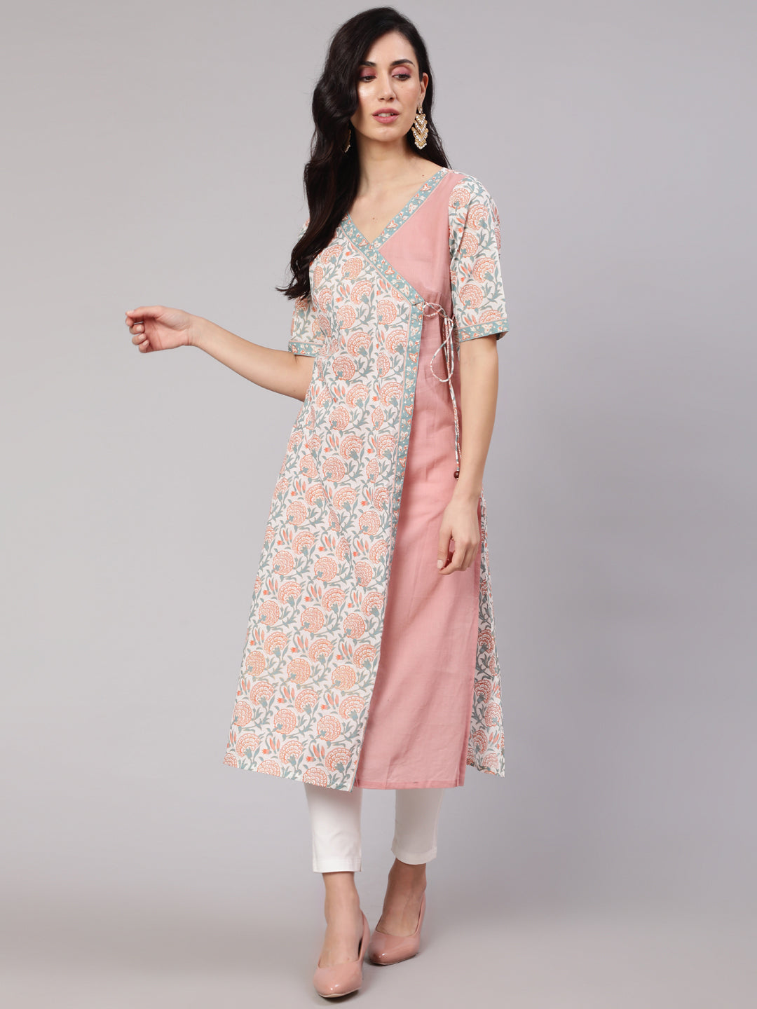 Women's White & Pink Floral Print Layered Kurta