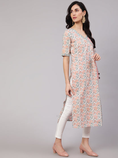 Women's White & Pink Floral Print Layered Kurta