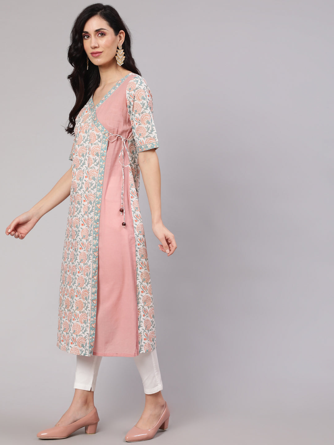 Women's White & Pink Floral Print Layered Kurta