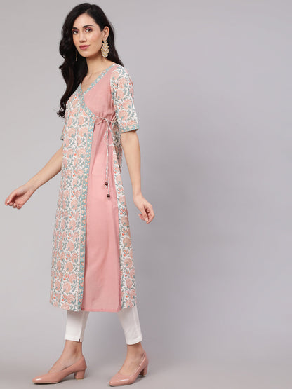 Women's White & Pink Floral Print Layered Kurta