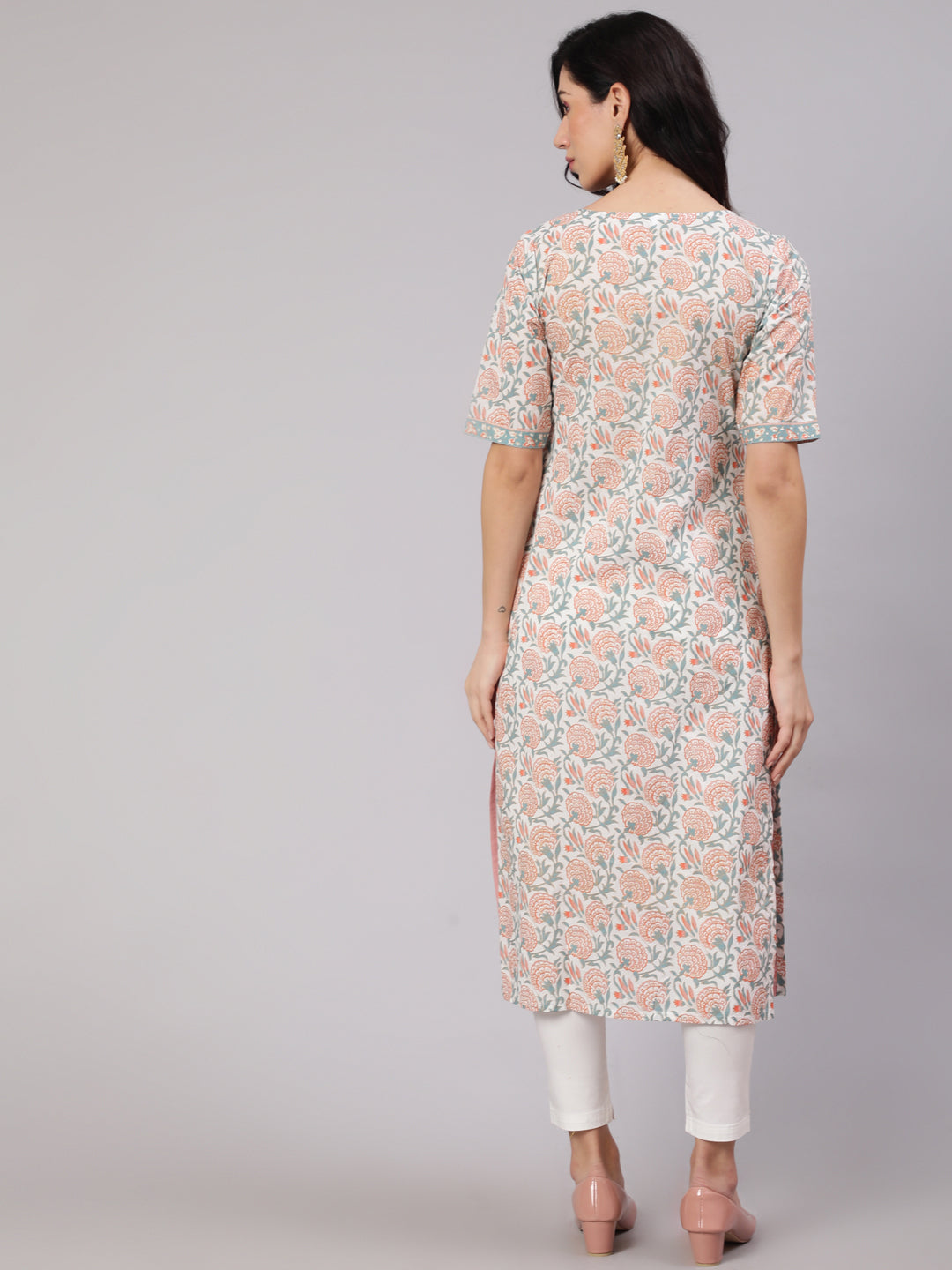 Women's White & Pink Floral Print Layered Kurta