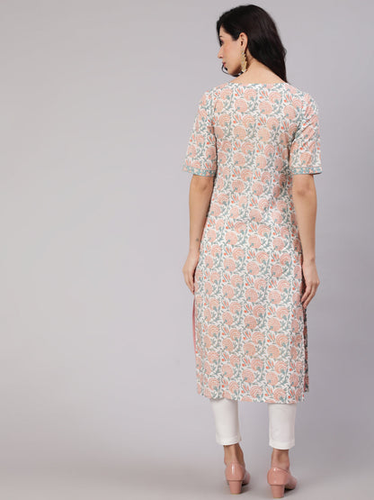 Women's White & Pink Floral Print Layered Kurta
