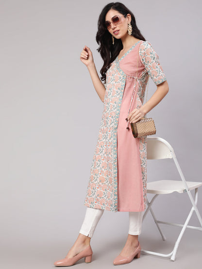 Women's White & Pink Floral Print Layered Kurta