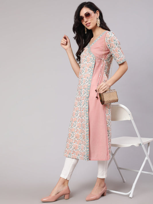 Women's White & Pink Floral Print Layered Kurta