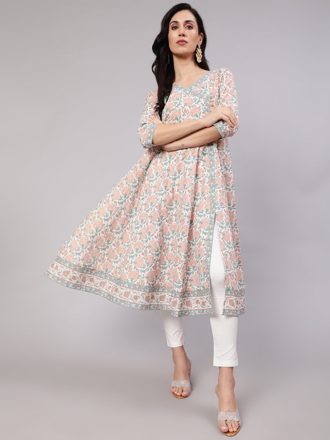 Women's White Floral Print Front Slit Anarkali Kurta