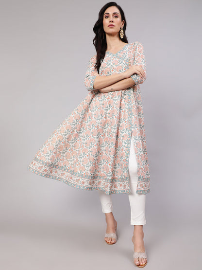 Women's White Floral Print Front Slit Anarkali Kurta