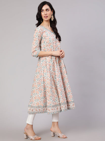 Women's White Floral Print Front Slit Anarkali Kurta