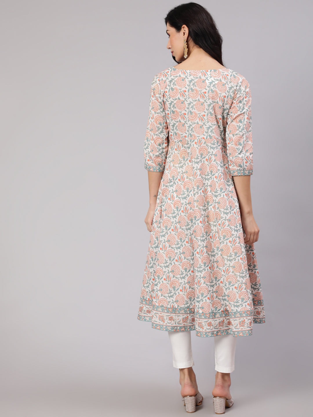 Women's White Floral Print Front Slit Anarkali Kurta
