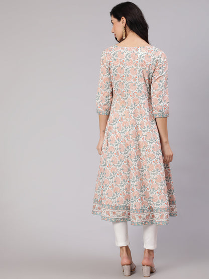 Women's White Floral Print Front Slit Anarkali Kurta