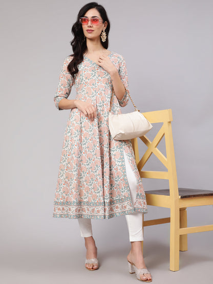 Women's White Floral Print Front Slit Anarkali Kurta