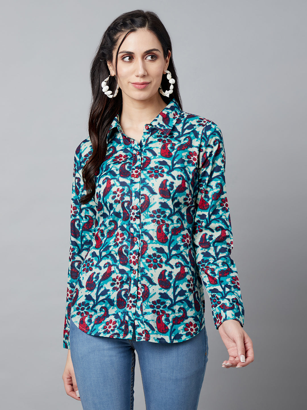 Women's Blue Floral Print Shirt