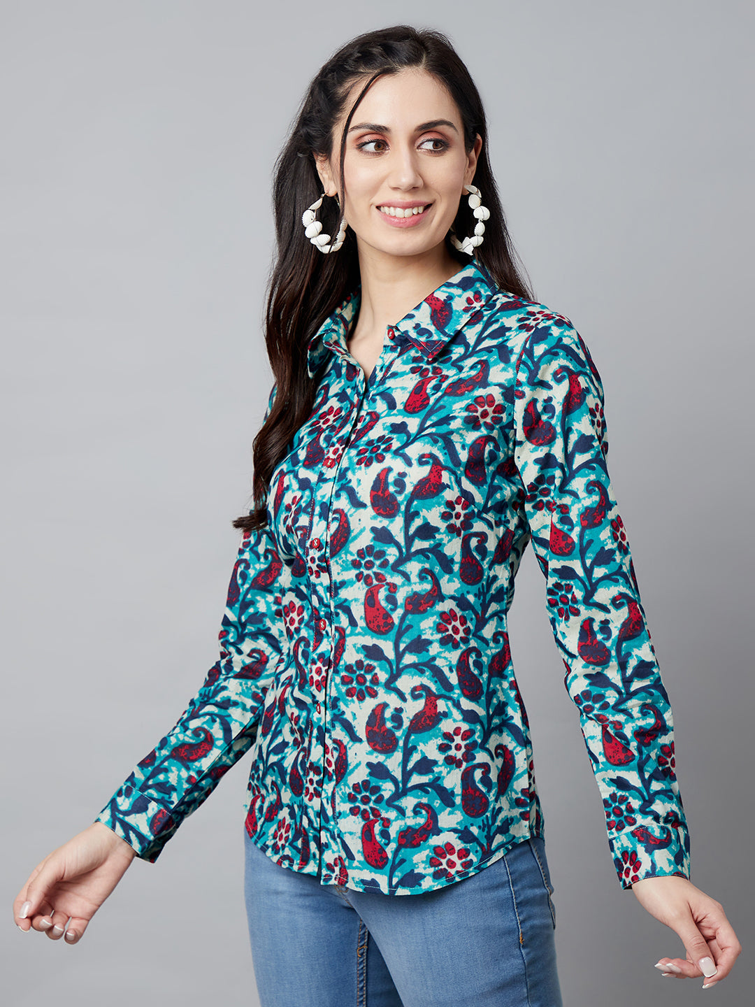 Women's Blue Floral Print Shirt