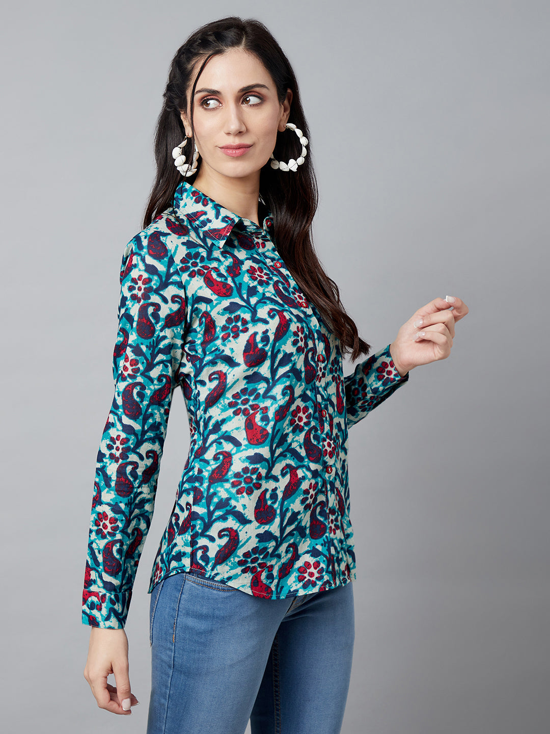 Women's Blue Floral Print Shirt