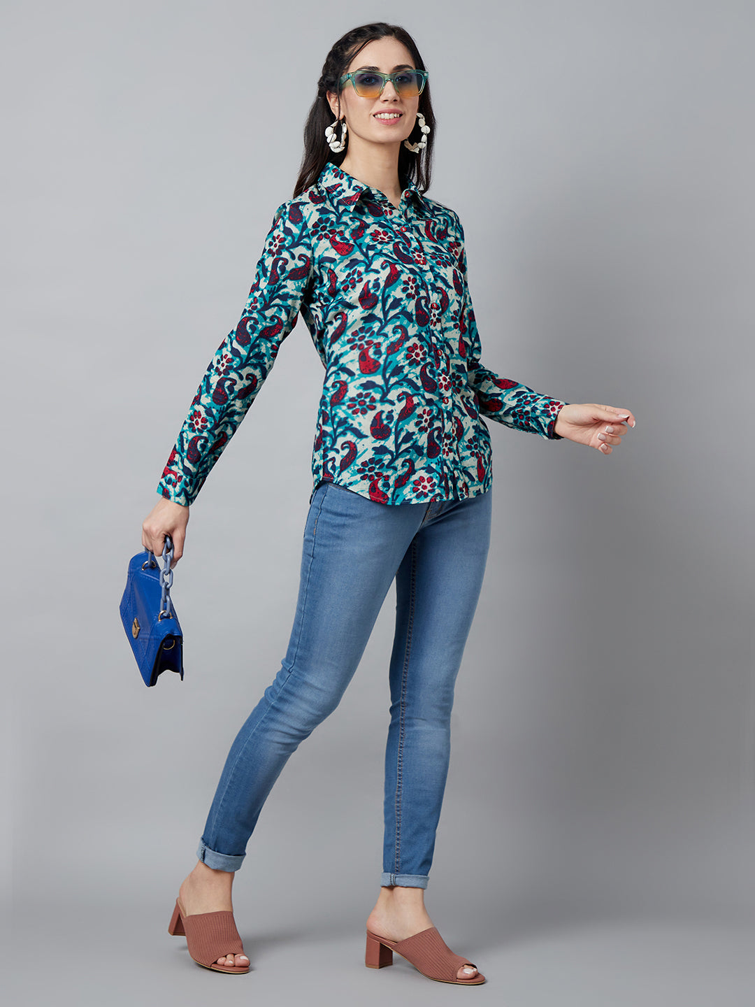 Women's Blue Floral Print Shirt