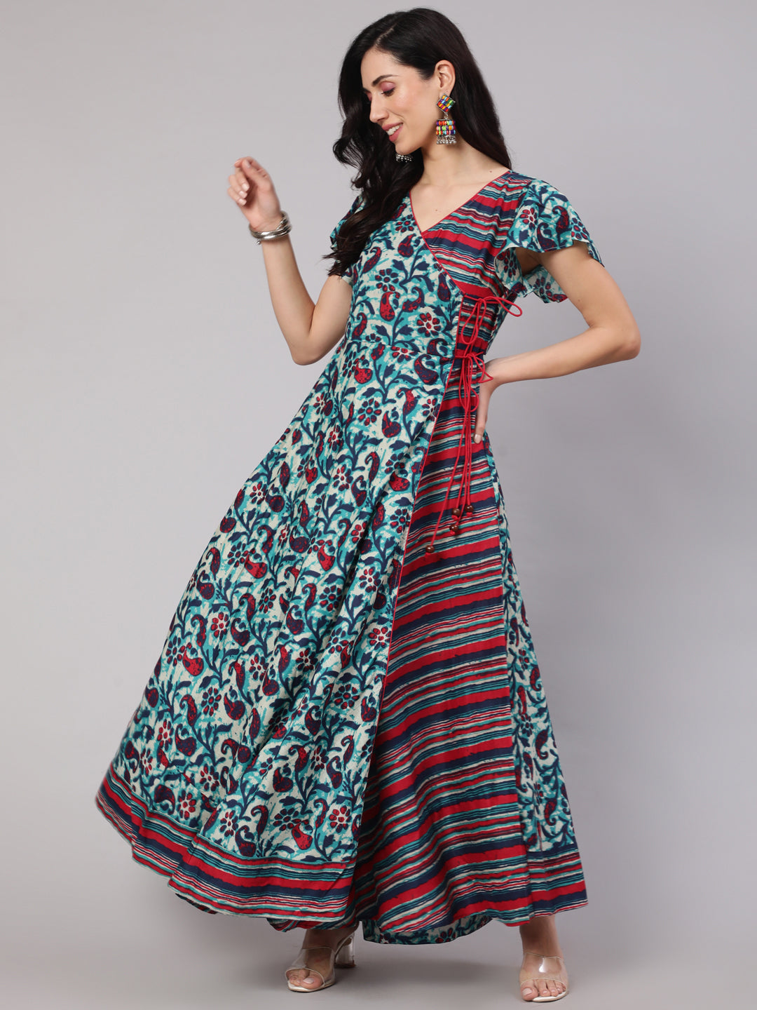 Women's Blue Floral Print Layered Maxi Dress