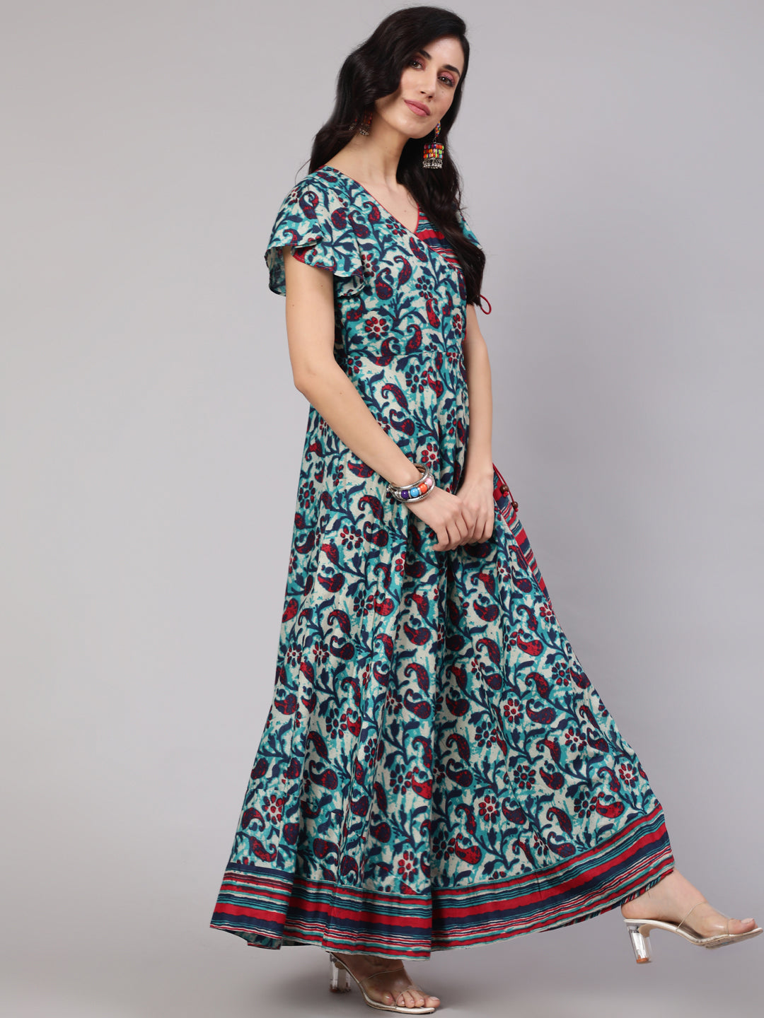 Women's Blue Floral Print Layered Maxi Dress