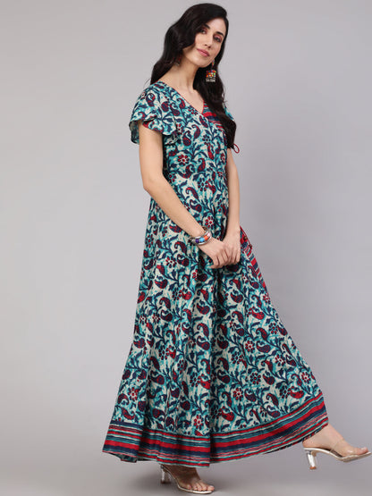 Women's Blue Floral Print Layered Maxi Dress