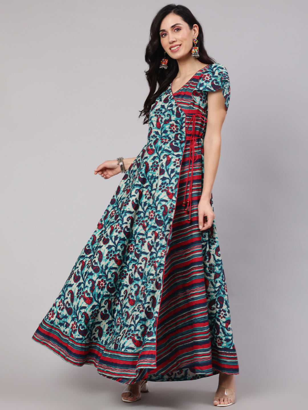 Women's Blue Floral Print Layered Maxi Dress