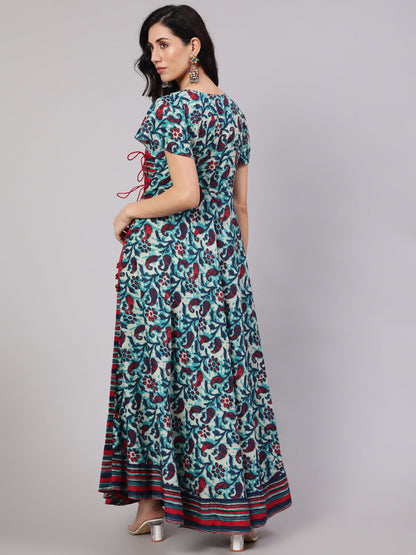 Women's Blue Floral Print Layered Maxi Dress
