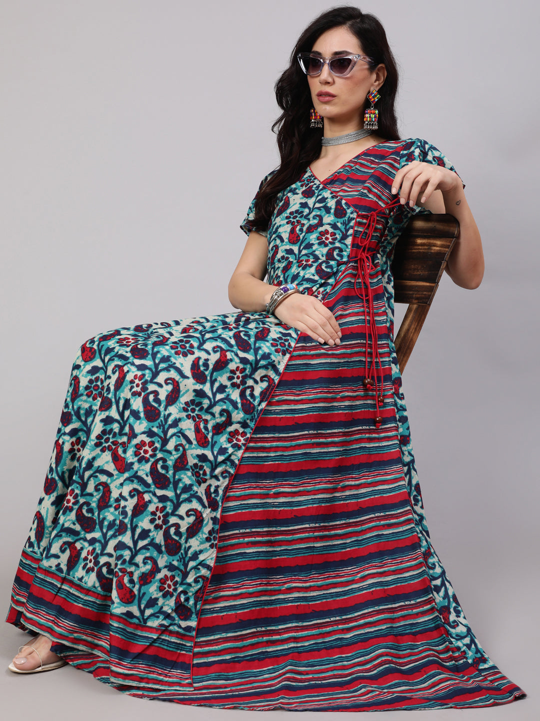 Women's Blue Floral Print Layered Maxi Dress