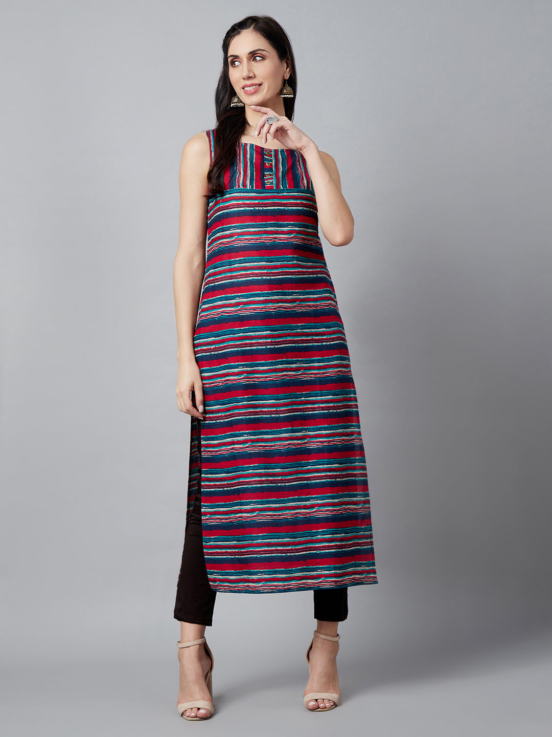 Women's Navy Blue Striped Kurta