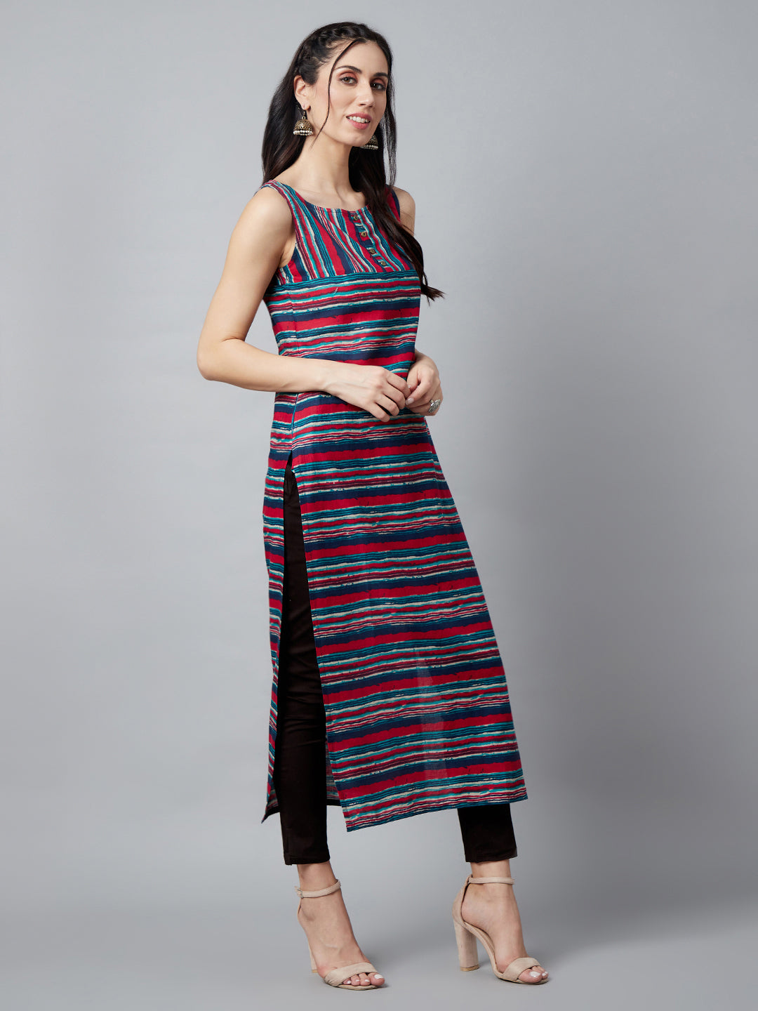 Women's Navy Blue Striped Kurta