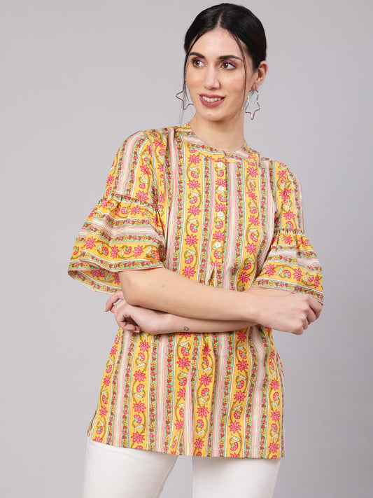 Women's Yellow Floral Print Tunic With Bell Sleeve