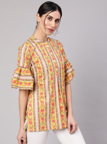 Women's Yellow Floral Print Tunic With Bell Sleeve