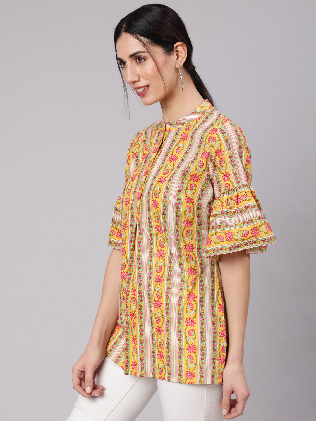 Women's Yellow Floral Print Tunic With Bell Sleeve
