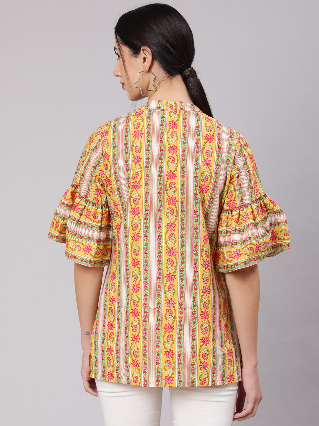 Women's Yellow Floral Print Tunic With Bell Sleeve