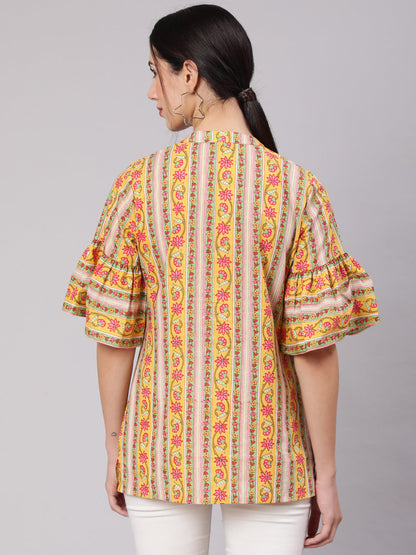 Women's Yellow Floral Print Tunic With Bell Sleeve