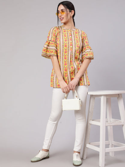 Women's Yellow Floral Print Tunic With Bell Sleeve