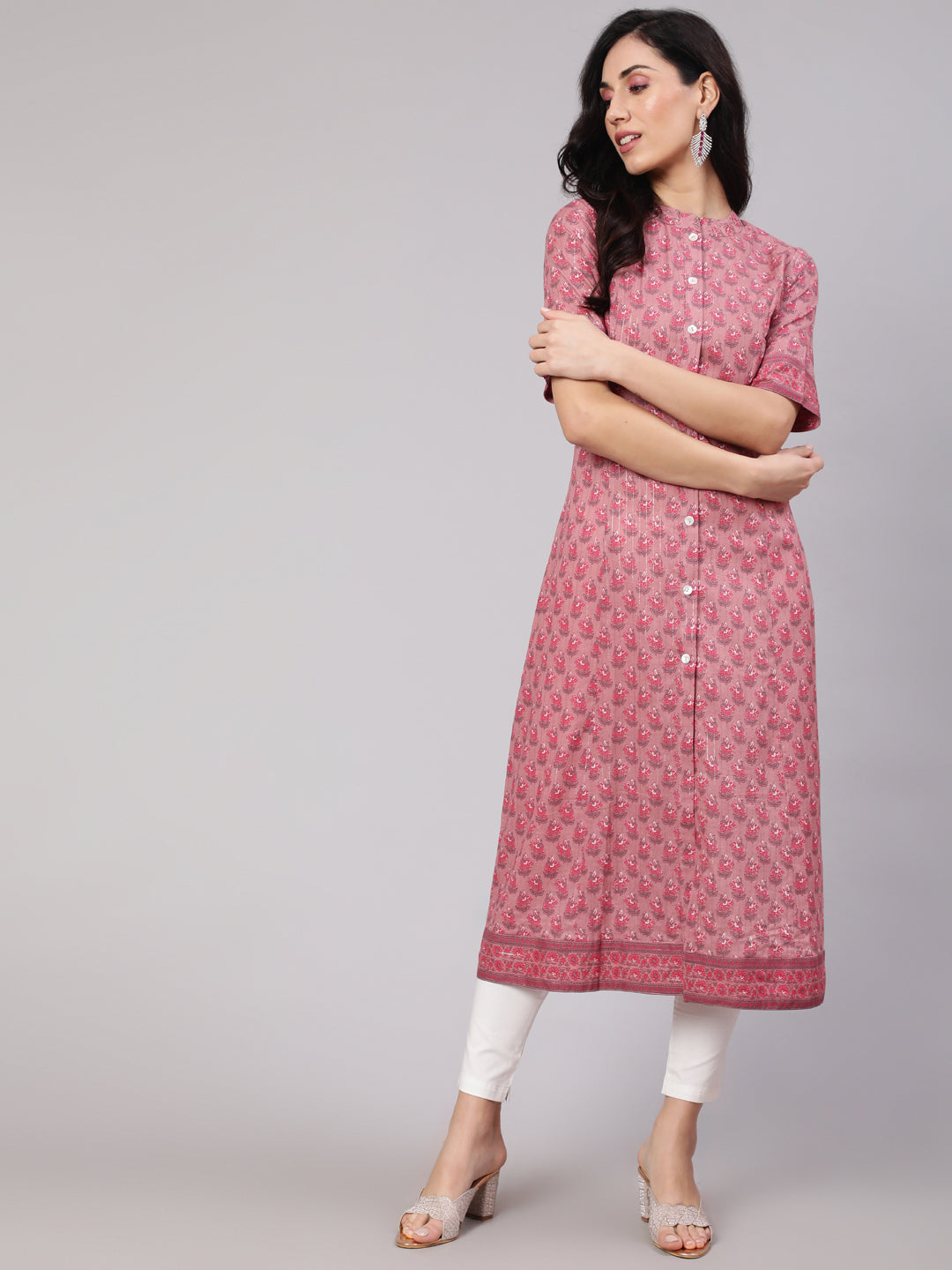 Women's Pink Floral Print Button Down Kurta