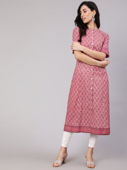 Women's Pink Floral Print Button Down Kurta