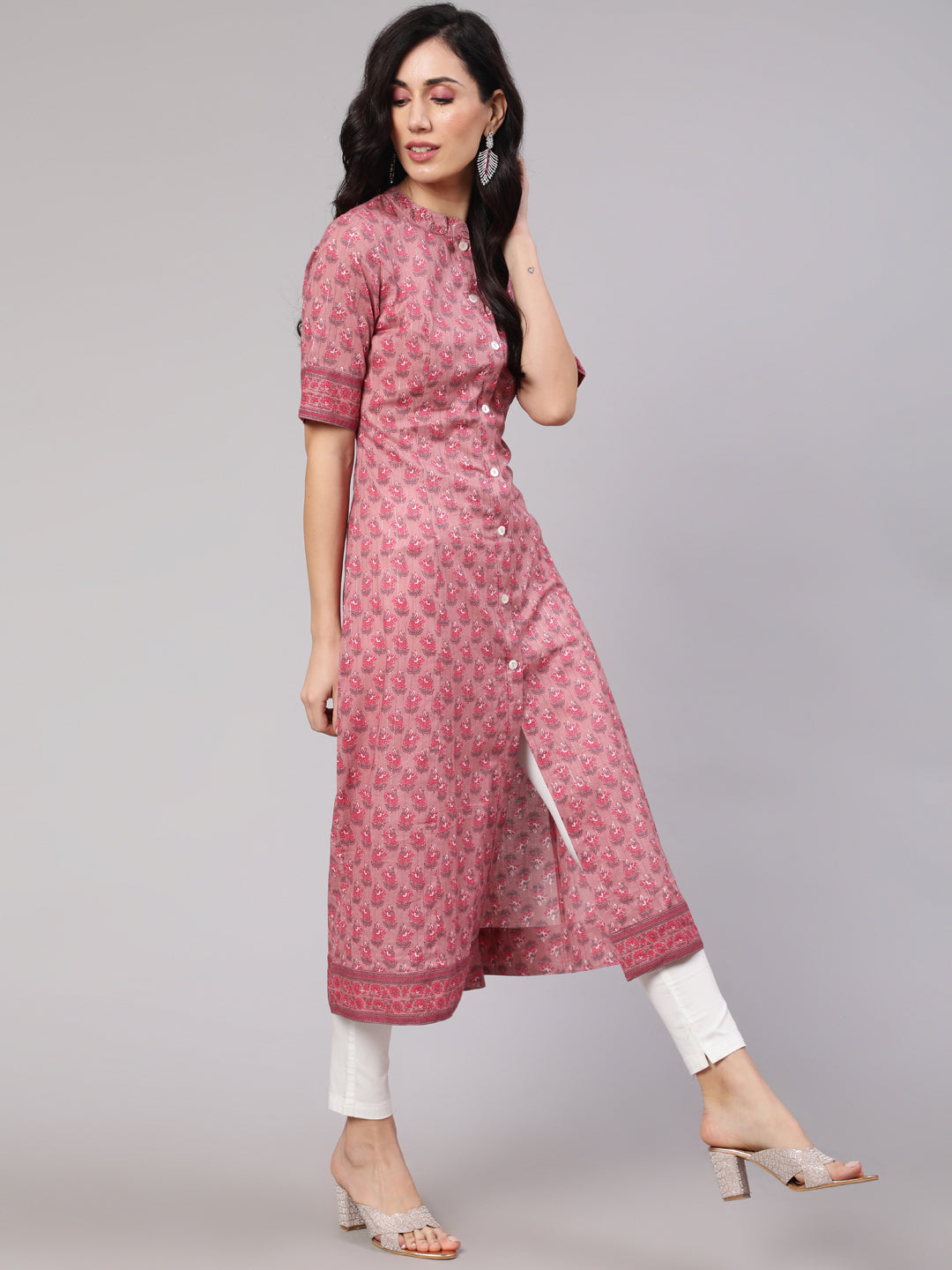 Women's Pink Floral Print Button Down Kurta