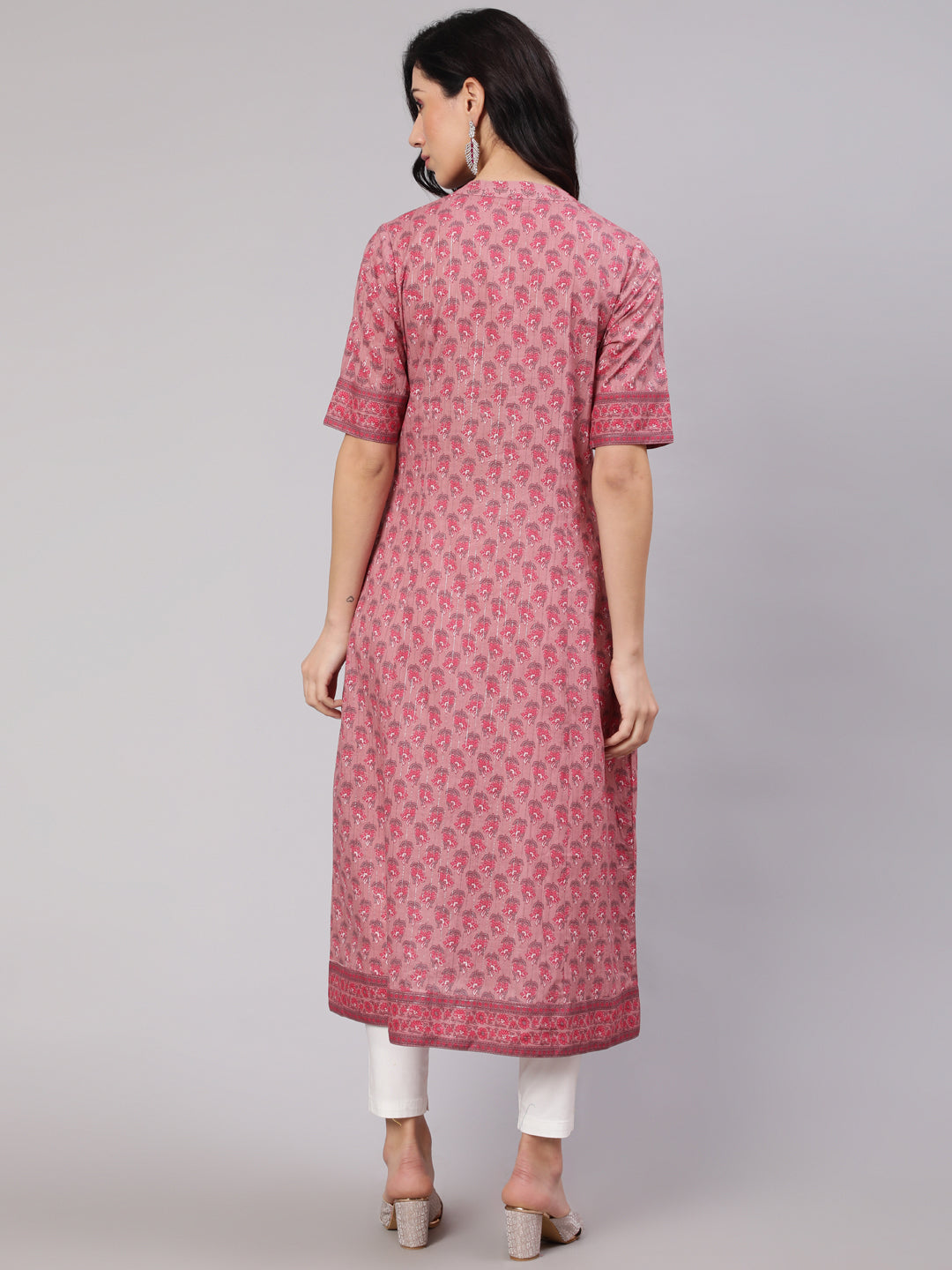 Women's Pink Floral Print Button Down Kurta