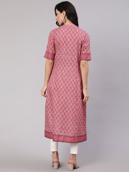 Women's Pink Floral Print Button Down Kurta
