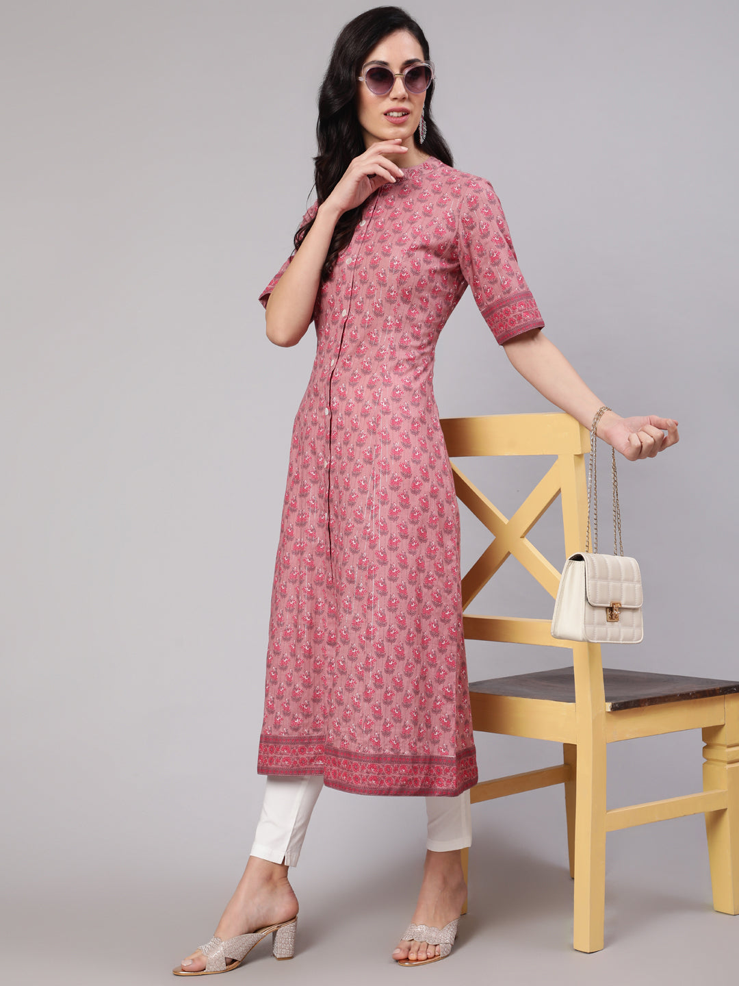 Women's Pink Floral Print Button Down Kurta