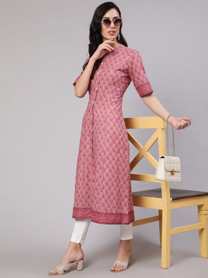 Women's Pink Floral Print Button Down Kurta