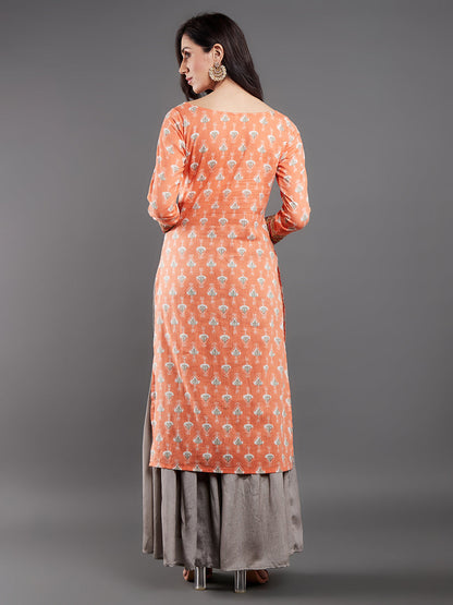 Women's Peach Printed Kurta With Lace Details