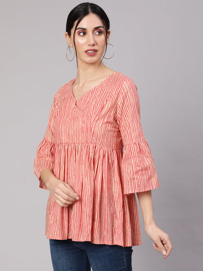 Women's Cream & Rust Striped Gathered Tunic