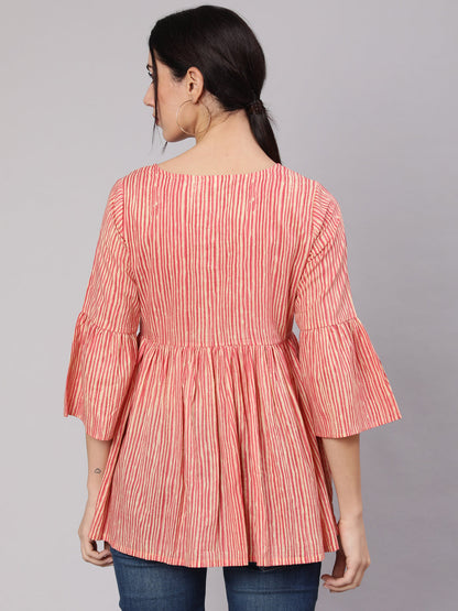 Women's Cream & Rust Striped Gathered Tunic