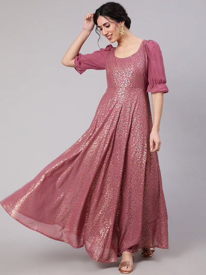 Women's Mauve Foil Print Flared Maxi Dress