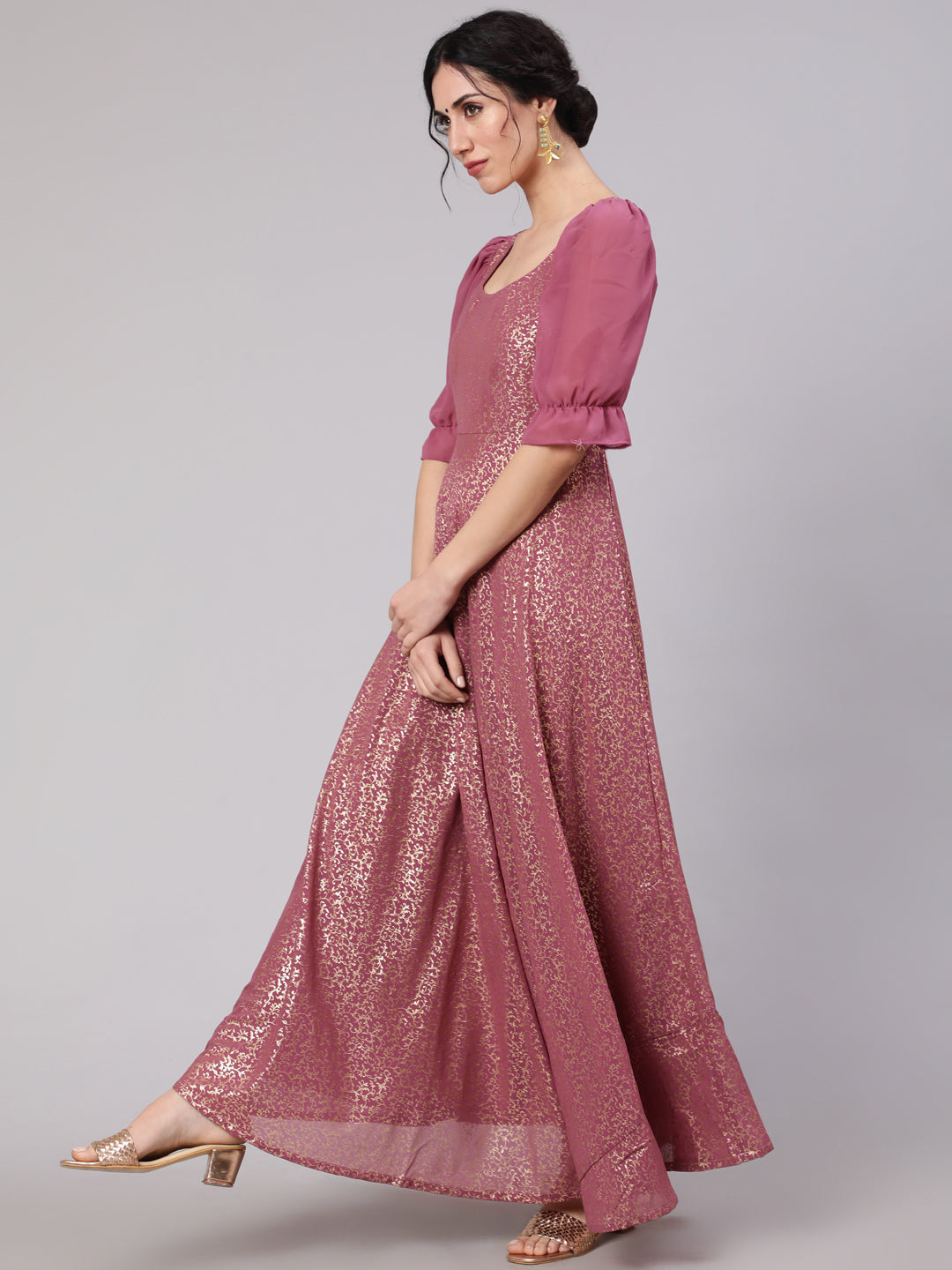 Women's Mauve Foil Print Flared Maxi Dress