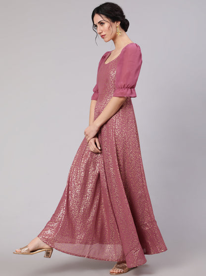 Women's Mauve Foil Print Flared Maxi Dress