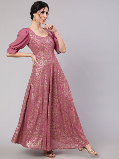 Women's Mauve Foil Print Flared Maxi Dress